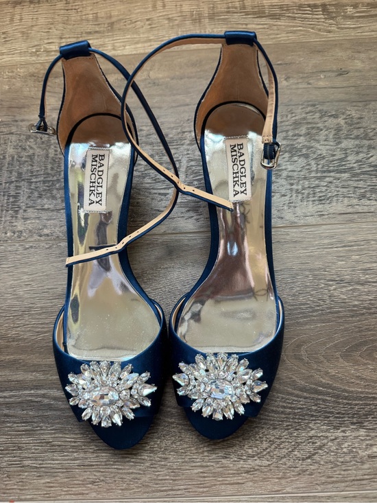 Badgley Mischka Shoes - Badgley Mischka Navy Satin Gem-Embellished Open-Toe Heels